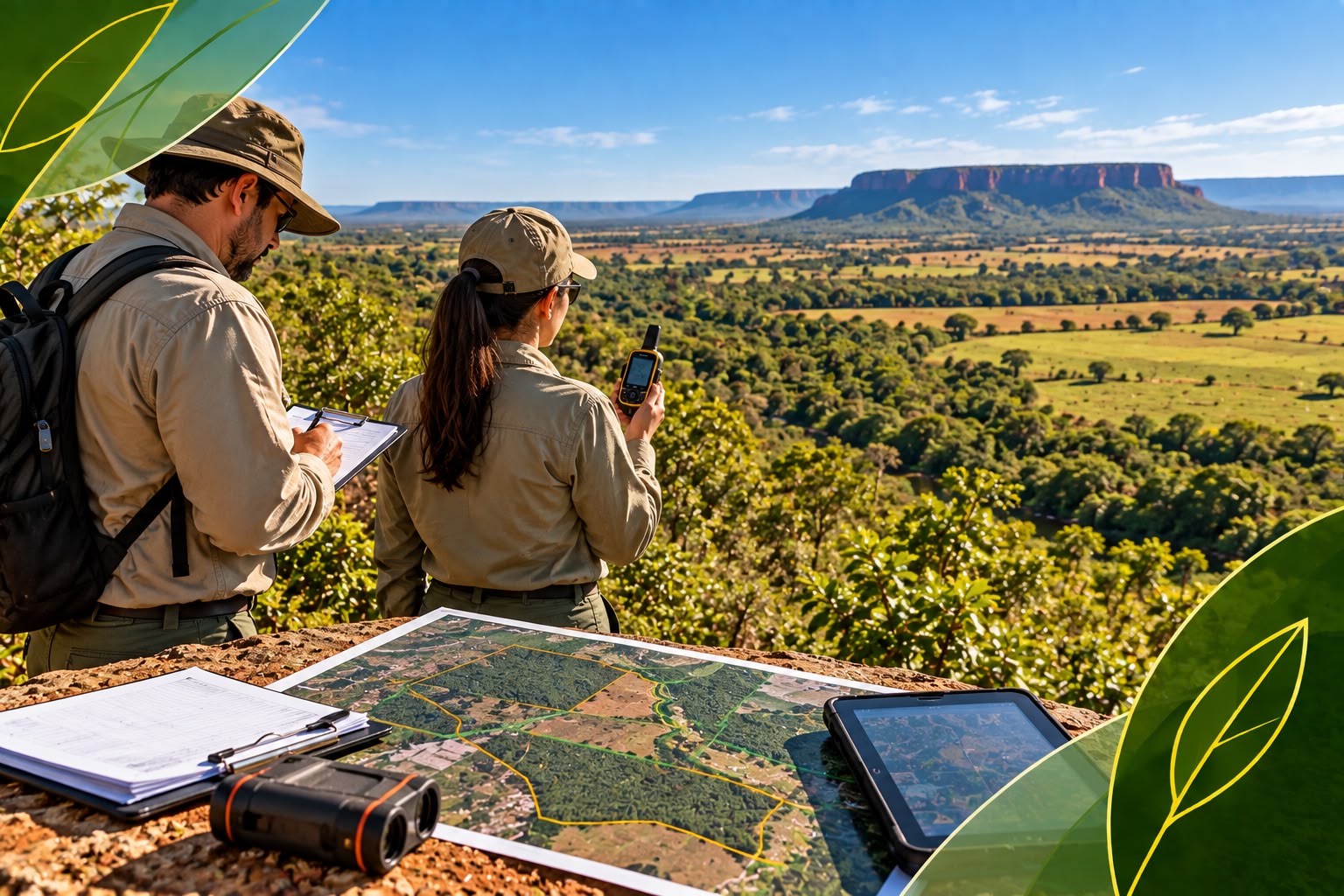 Equipe técnica realizando levantamento ambiental com mapas e GPS