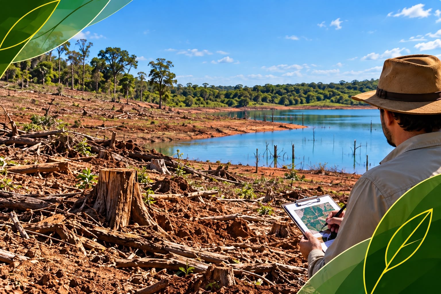 Perito ambiental avaliando área impactada junto a um reservatório