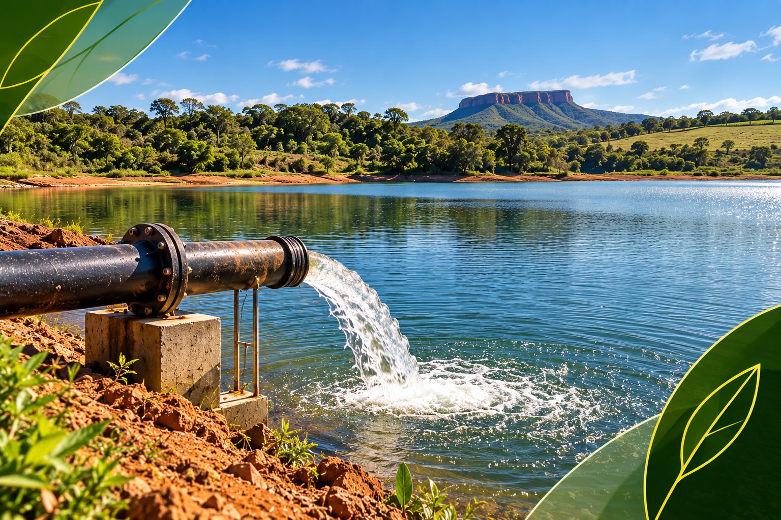 Sistema de captação lançando água em reservatório rural